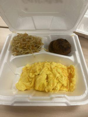 Back in the Day Breakfast Special scrambled cheese on top, hash-brown shredded and sausage