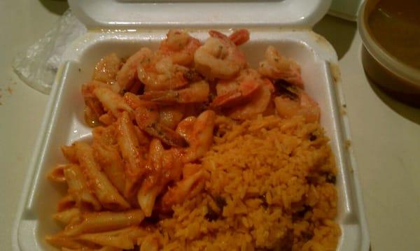 Shrimp in butter sauce/yellow rice & beans/ penne alla vodka