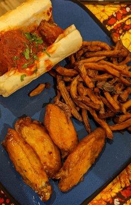 Vegan Meatball Sandwich, Half and Half Wings, Sweet Potato Fries