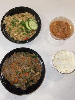 Fried Rice (w/extra soy garlic chicken & eggs) + Japchae (w/extra bulgogi) + Kimchi + Pickled Radish