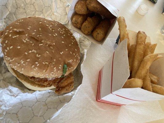 Chicken sandwich, mozzarella sticks, French fries