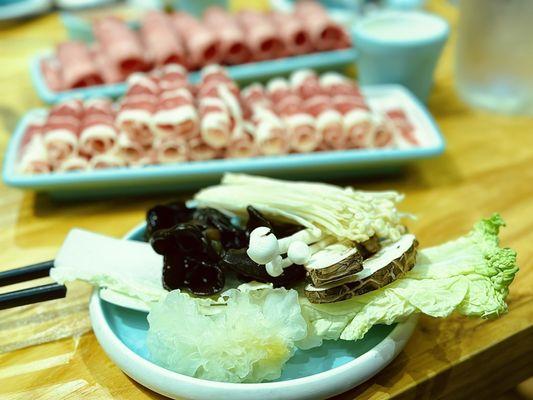 Prime Beef, Marbled Ribeye, Enoki Mushrooms, Chinese Mushrooms, Wood Ear, White Fungi, Xue Er, and Beancurd sticks