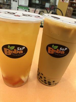 Peach Green Tea with rainbow jelly & Thai Tea with Boba