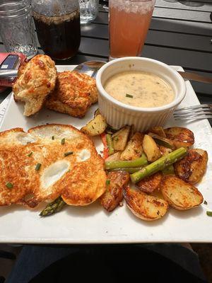 Cheddar Biscuits and gravy with breakfast potatoes (I asked for the sausage gravy on the side).