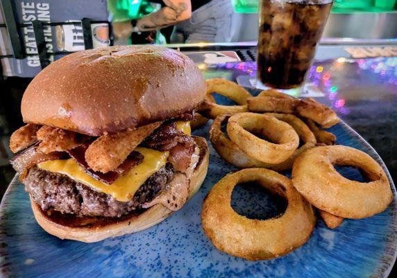 The Big Boi Burger and onion rings