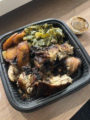 Boston Jerk Chicken with Kale and Collard Greens and Fried Plantains