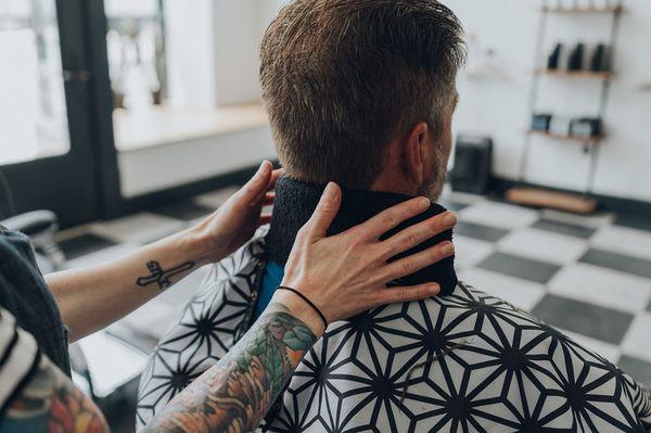 Hot towel neck shaves are a must.