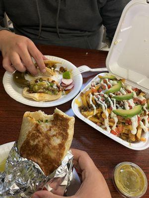 Burrito, tacos, asada fries