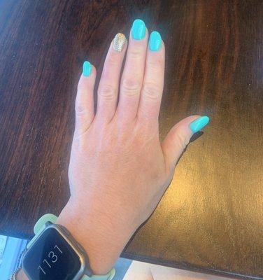 Tiffany blue with gold party nail...this is longer than I normally do but I requested it!