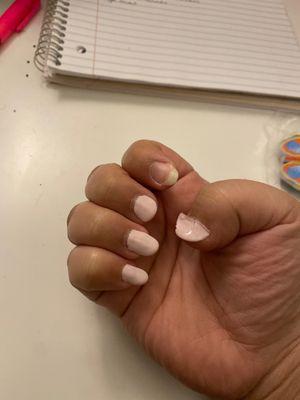 I just got a light pink Gel on my Natural Nails. No manicure or anything else just the gel. This was a few hours before I got them fixed.