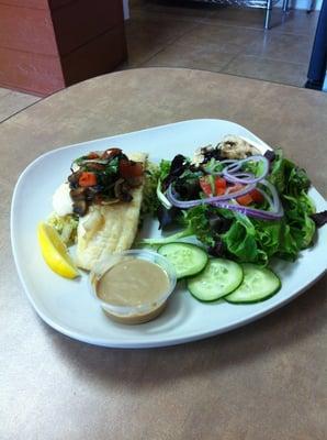 Mahi mahi, grill, with house salad and poblano rice