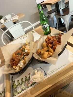 Kimchi Fries and Boneless Korean Fried Chicken (Spicy and garlic combo)