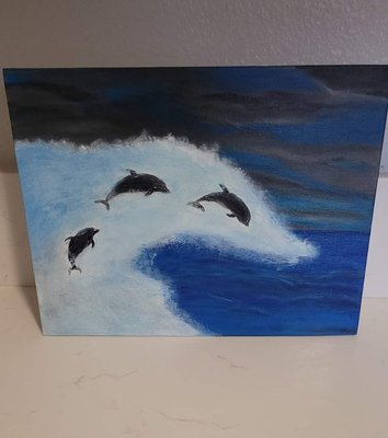 Wave of Dolphins, Acrylics on a Canvas board.