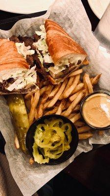 Steak Croissant (Asked for Hot peppers on the side) Ordered fries with Honey Mustard. Came with a pickle!