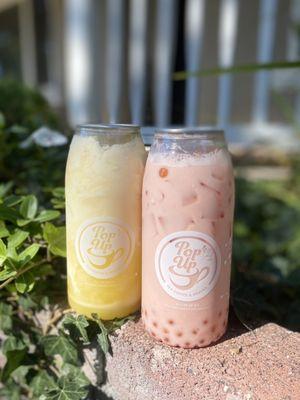 Left: Pineapple Creamy (seasonal)  Right: Strawberry milk tea with mango popping boba