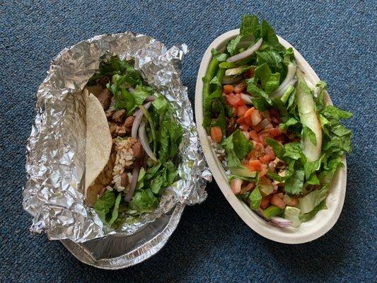 Carne asada taco w/ guac and a chicken bowl w/ salsa.