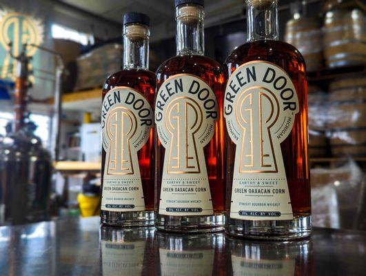 Our seasonal Green Oaxacan Corn Bourbon is available in the Tasting Room