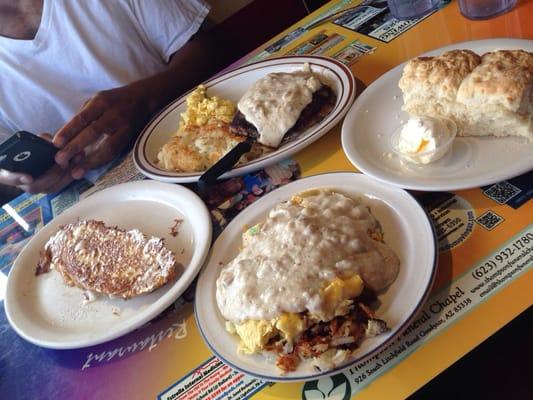 French toast, chicken fried steak & eggs, sausage scramble and biscuits ...yummy