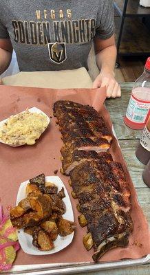 Ribs, twice fried potatoes,  Mac n cheese.