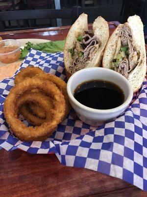 London Boil, with onion rings as side