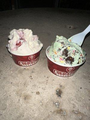 Mint ice cream with brownie and sprinkles, banana ice cream with strawberries and blueberries.