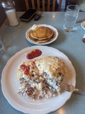 Omelette and pancakes. Enough for 2 people to share