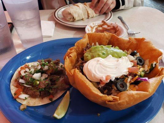 Taco Salad Bowl ($9) and Carne Asada Taco ($3). Both were a B+.