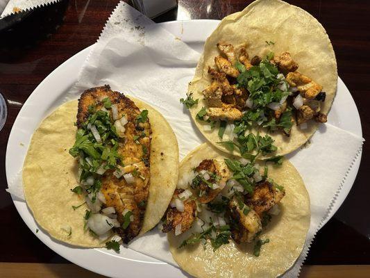 fish, shrimp and pollo tacos