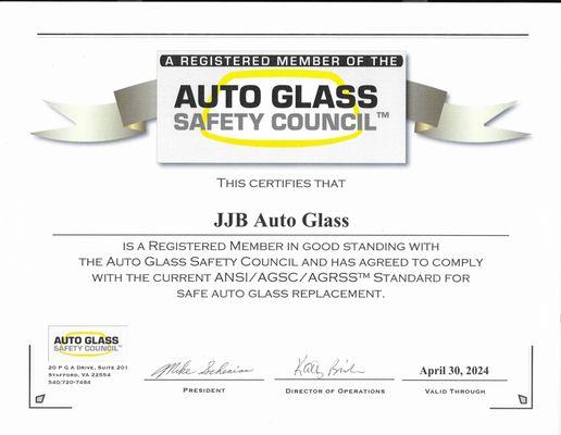 We are a Auto Glass Safety Council certified company. Which means we comply to to current safty standards.