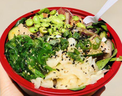 Regular Bowl with tuna, salmon and yellowtail - also seaweed salad, ginger, edamame, furikake, onion, cucumber...delicious