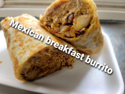 Mexican breakfast burrito, we also have an American and a Greek option as well!