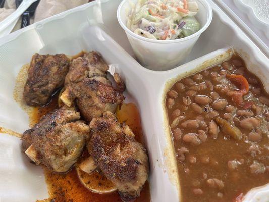 Cajun Pork Wings with coleslaw & baked beans