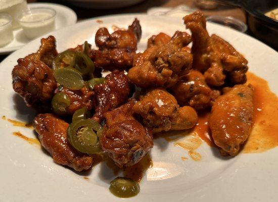 Chicken wings, Nashville hot (with jalapeños), and buffalo. They were perfect.