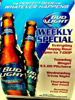 $1.75 domestic bottles open to 7:00 p.m. Every day!!