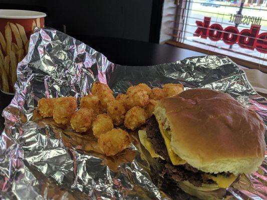 Double cheese burger and tater tots