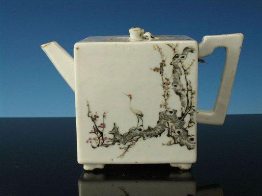 Fine 19th C. Square Form ink and colored enamel tea pot.