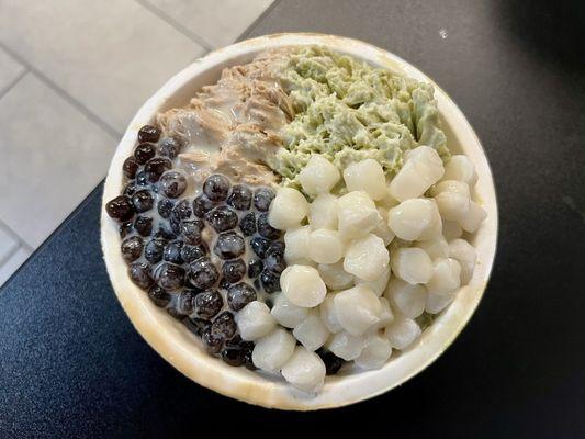 Milk Tea and Matcha Shaved Snow with Tapioca Boba, Mochi, and Condensed Milk Drizzle