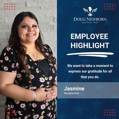 A huge shoutout to our amazing receptionist, Jasmine! You always greet everyone with a smile and make us all feel welcome. 
Thank you.