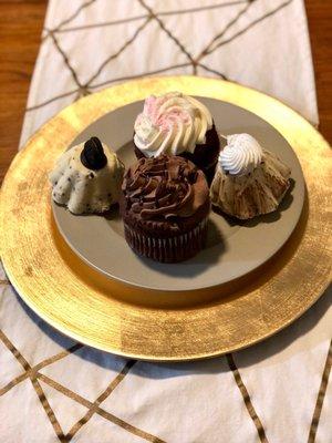 Cookies & cream silk, GF Red velvet cupcake, tiramisu silk, GF chocolate cupcake