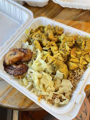 Curry Chicken, Rice and Peas, Cabbage, plantains.