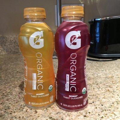 Organic Gatorade:  Lemon (left) and Mixed Berry (right). No coloring-clear.