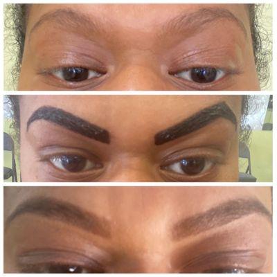 Before, during and after threading/tinting of eyebrows.