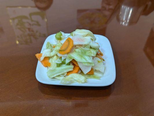 Complimentary appetizer, pickled cabbage and carrots