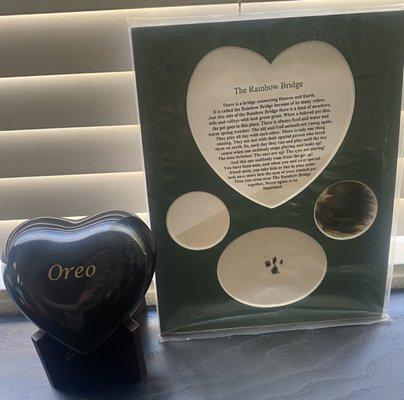 Engraved urn with engraved stand. Paw print and fur.