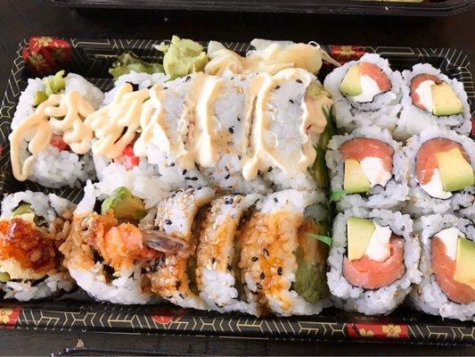 You pick 3-roll lunch special! Top left: Boston roll Bottom left: Shrimp tempura roll Right: Philadelphia roll