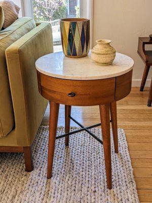 MCM marble top teak end table with drawer