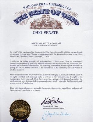 Recognition from the Ohio Senate on our sustainable business practices!