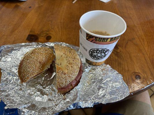 Taylor pork roll and egg on a sesame seed Bagel