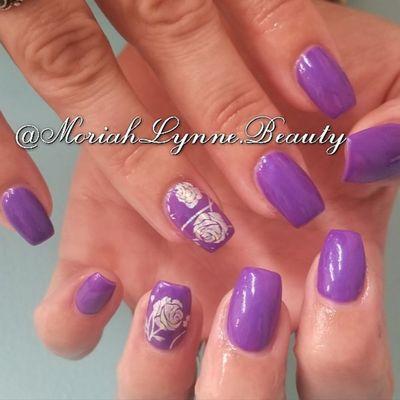 Acrylics with purple gel polish and holographic roses!