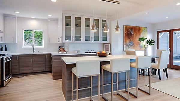 Two tone Euro Kitchen Cabinets with Pure White Quartz Countertops.